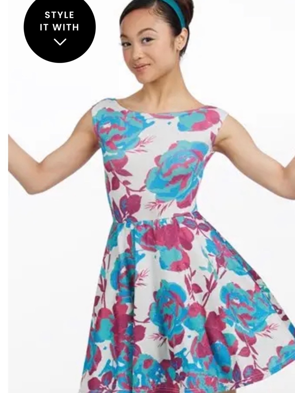 Floral Fit-and-Flare Dress in White with Teal & Magenta